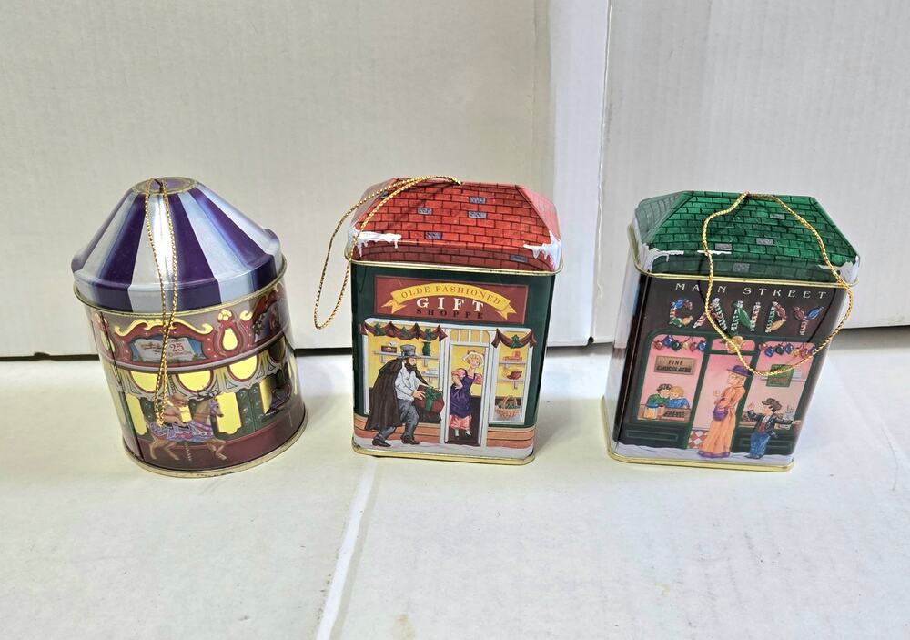 Vintage Christmas Tin Ornaments Lot of 3 Main Street Shops Carousel